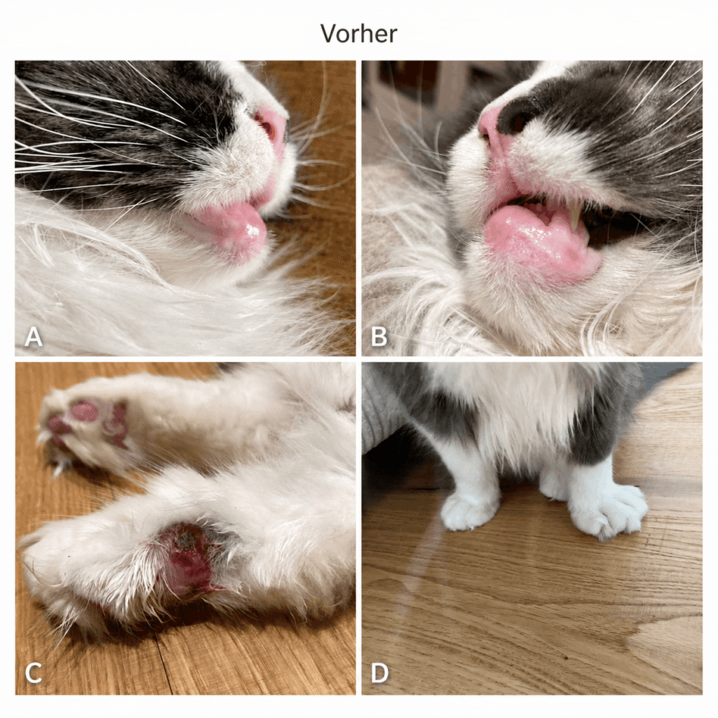 Kater vor der Anwendung des GFP-Komplex® mit sichtbaren Veränderungen an Maul, Pfote und Beweglichkeit